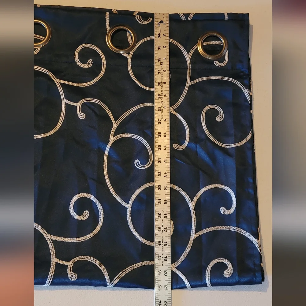 4 Navy Blue Satin Curtain Panels with Cream White Swirl Design, 26×84